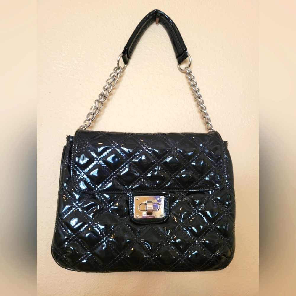 Black patent quilted shoulder bag